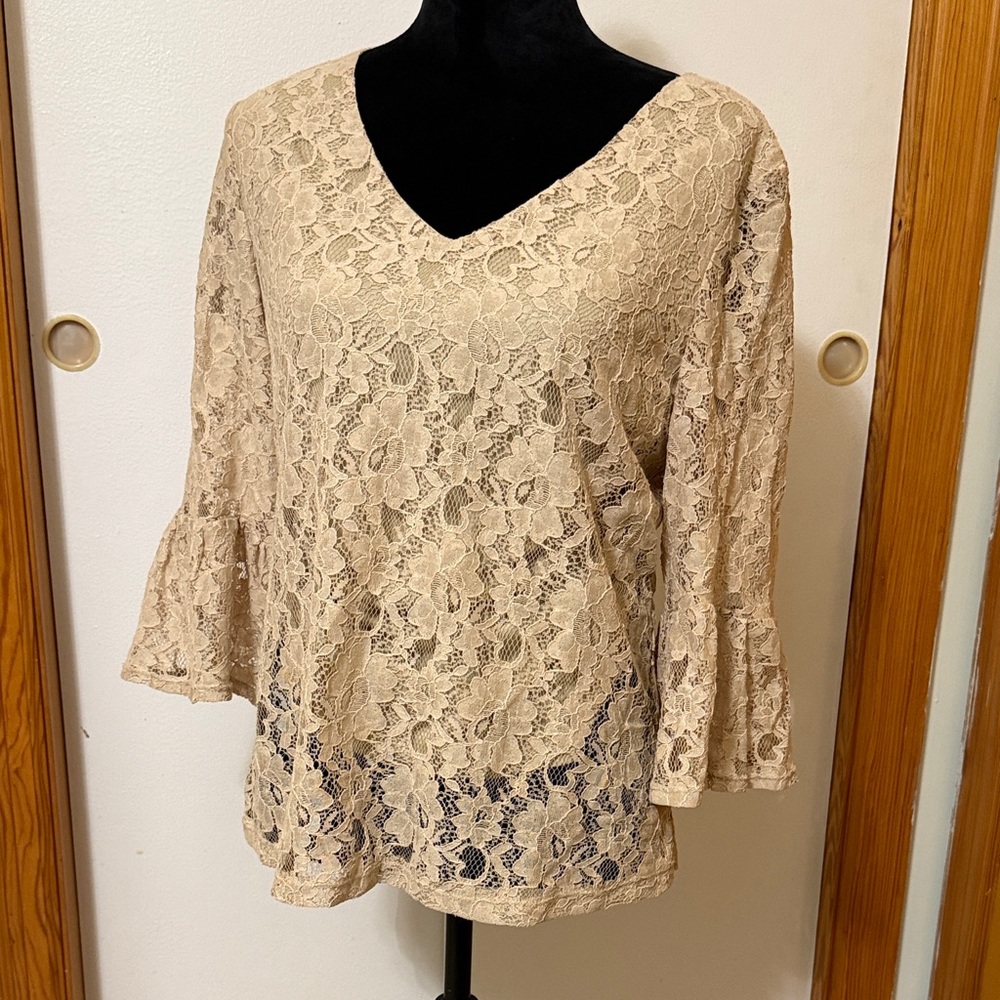 Sara Michelle Lace V-Neck Blouse - Tan